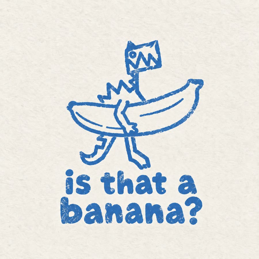 is that a banana? — a blue stamped drawing of a spiky dinosaur carrying a giant banana